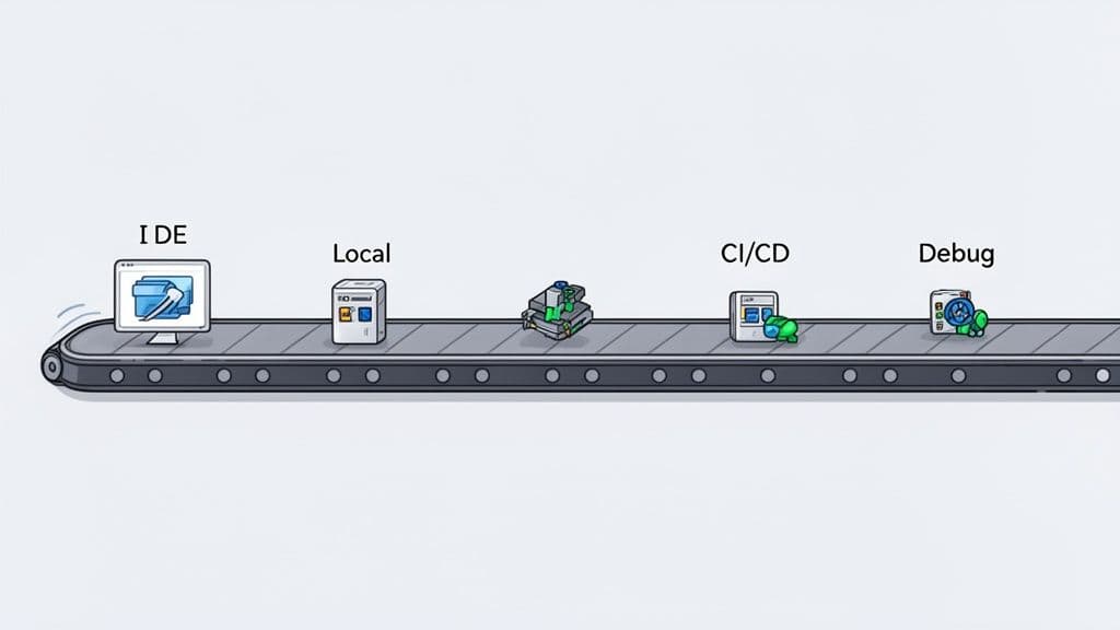 A cartoon conveyor belt illustrating the software development workflow from IDE, Local, CI/CD, to Debug.