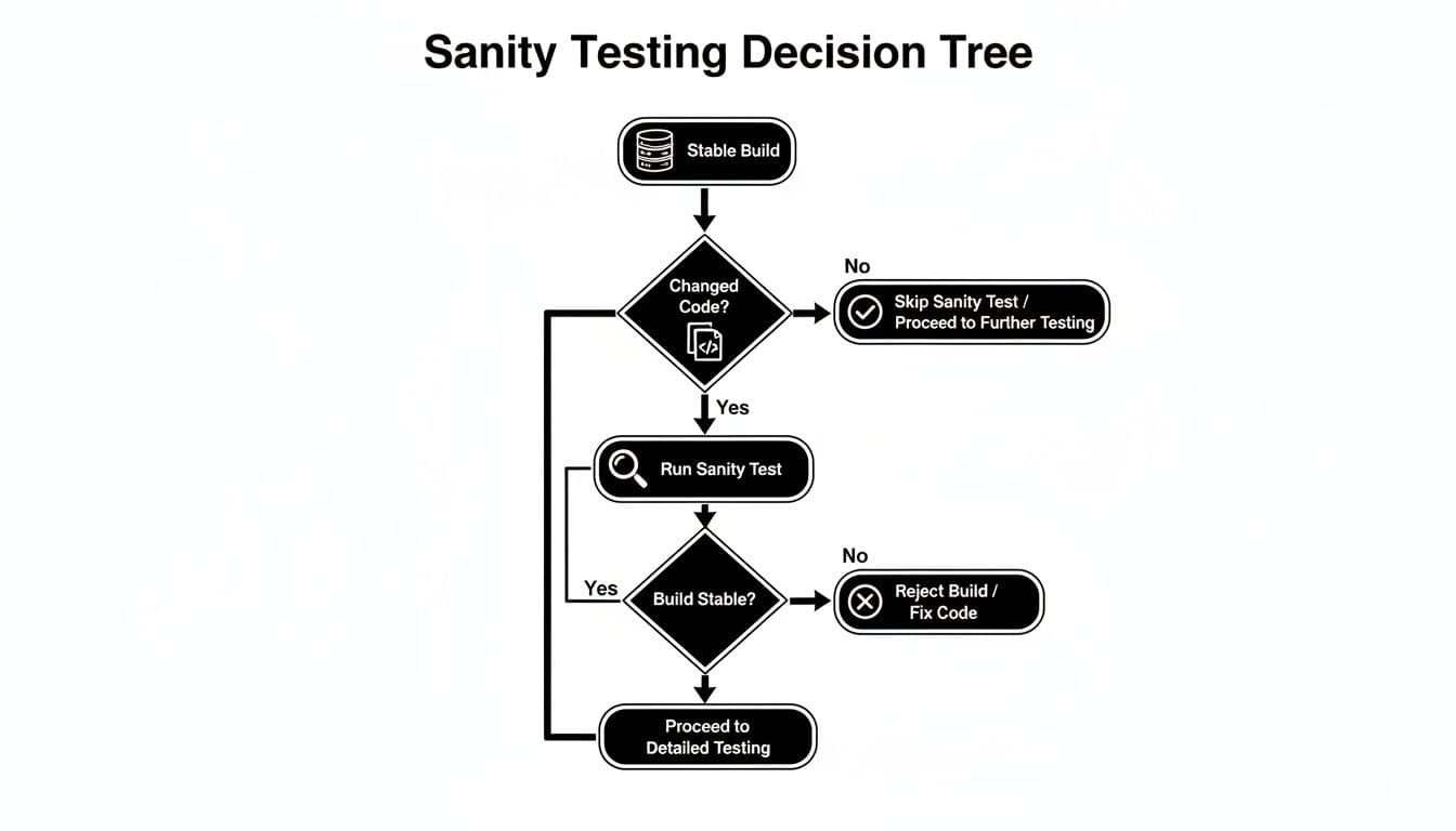 Flowchart illustrating a sanity testing decision tree for software development, from stable build to detailed testing.