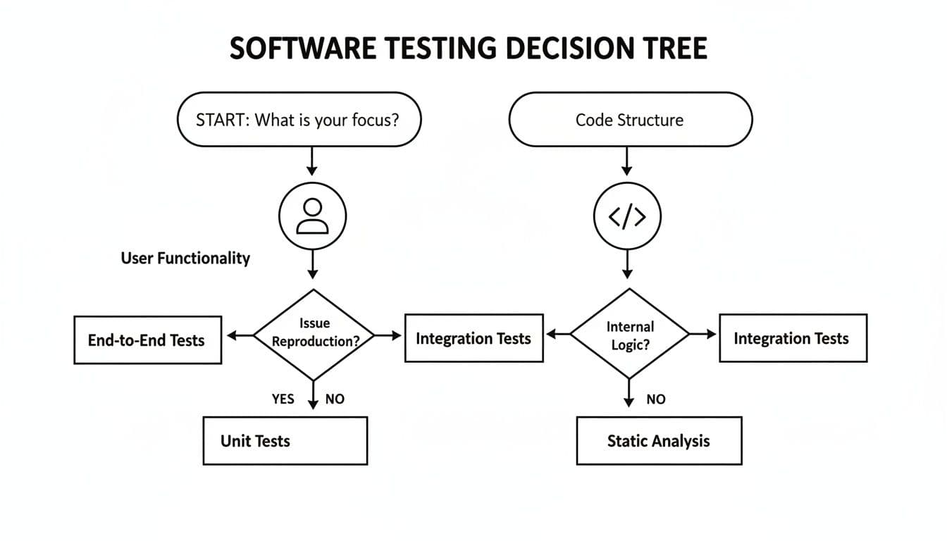 Flowchart detailing a software testing decision tree, guiding between end-to-end, integration, unit, and static analysis tests.