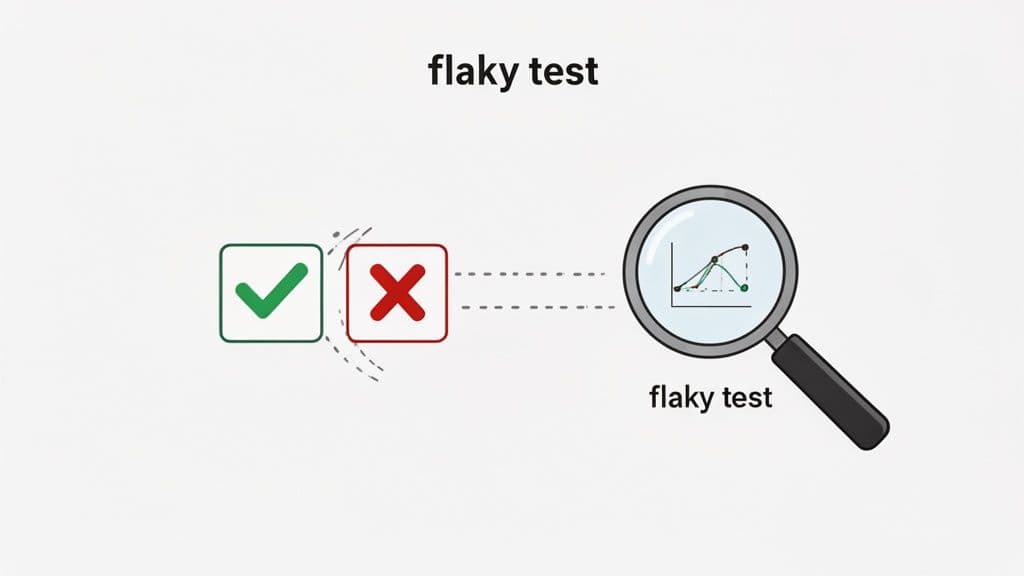 Illustration showing a flaky test with a green checkmark and red X connected to a magnifying glass depicting a fluctuating graph.