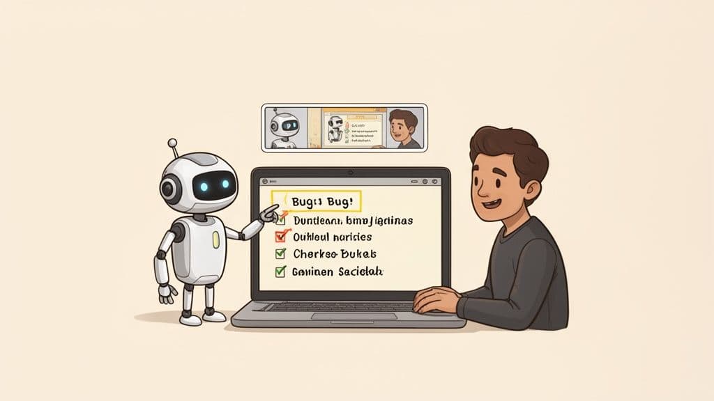 A friendly robot points to a bug list on a laptop screen, assisting a smiling man.
