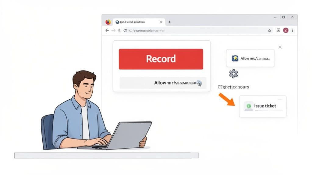 A man uses a laptop with a Firefox browser displaying a screen recording web application interface.