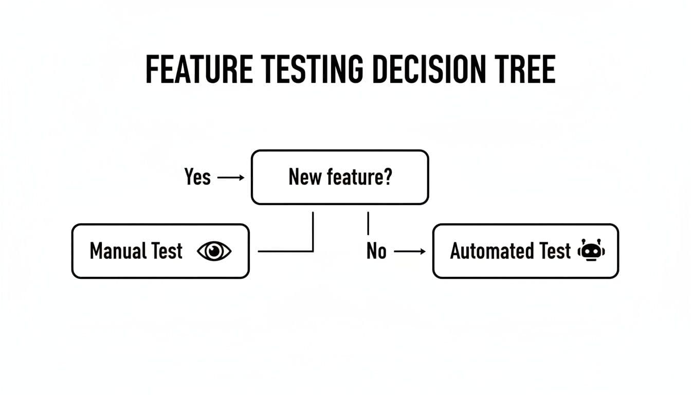 Decision tree for feature testing, guiding to manual test for new features and automated test otherwise.