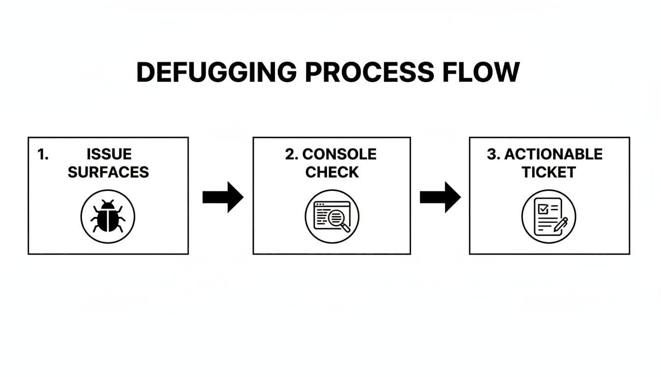 A flowchart showing the debugging process flow: Issue surfaces, Console check, Actionable ticket.