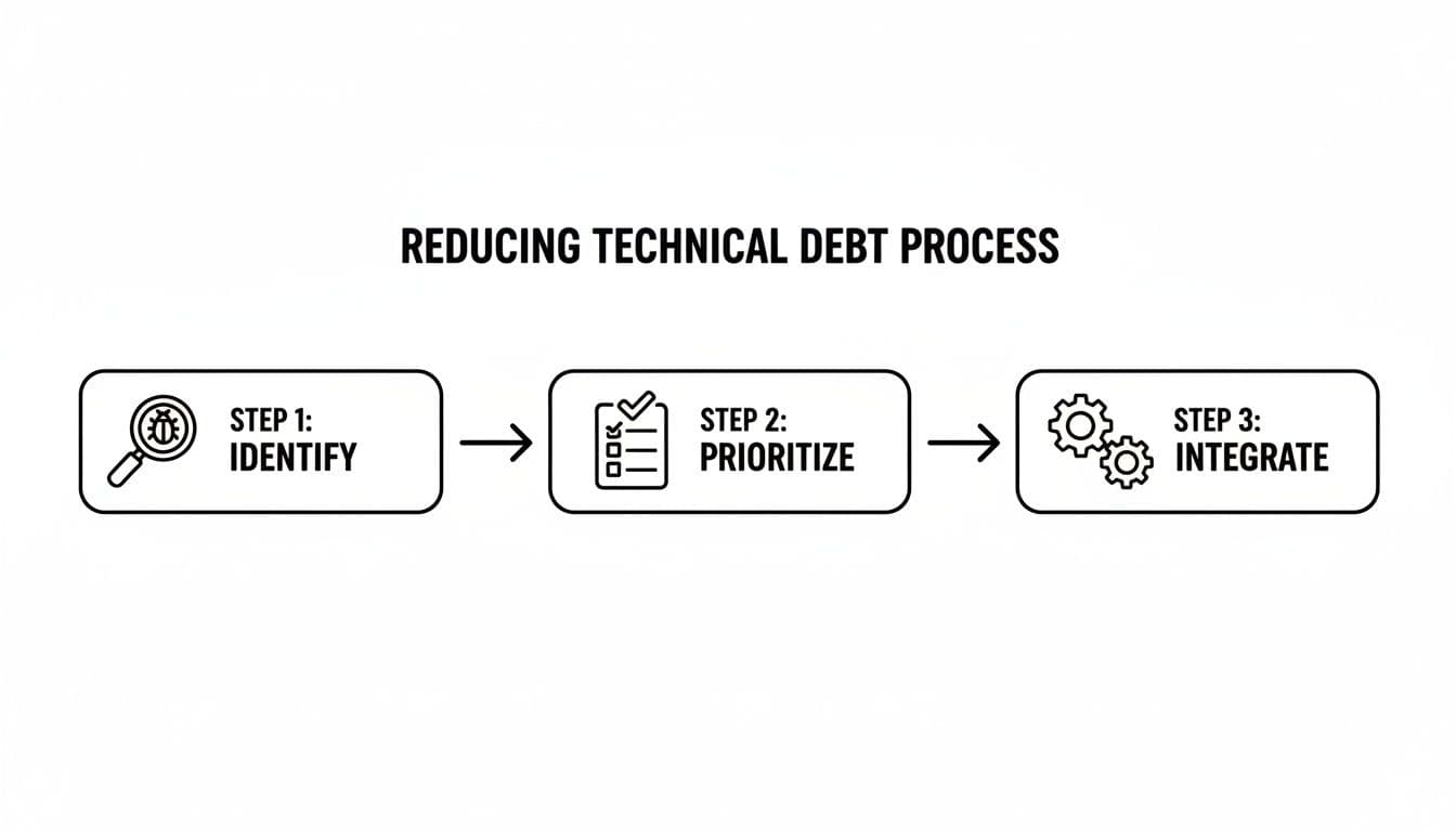 Process flowchart illustrating three key steps to effectively reduce technical debt: Identify, Prioritize, and Integrate.