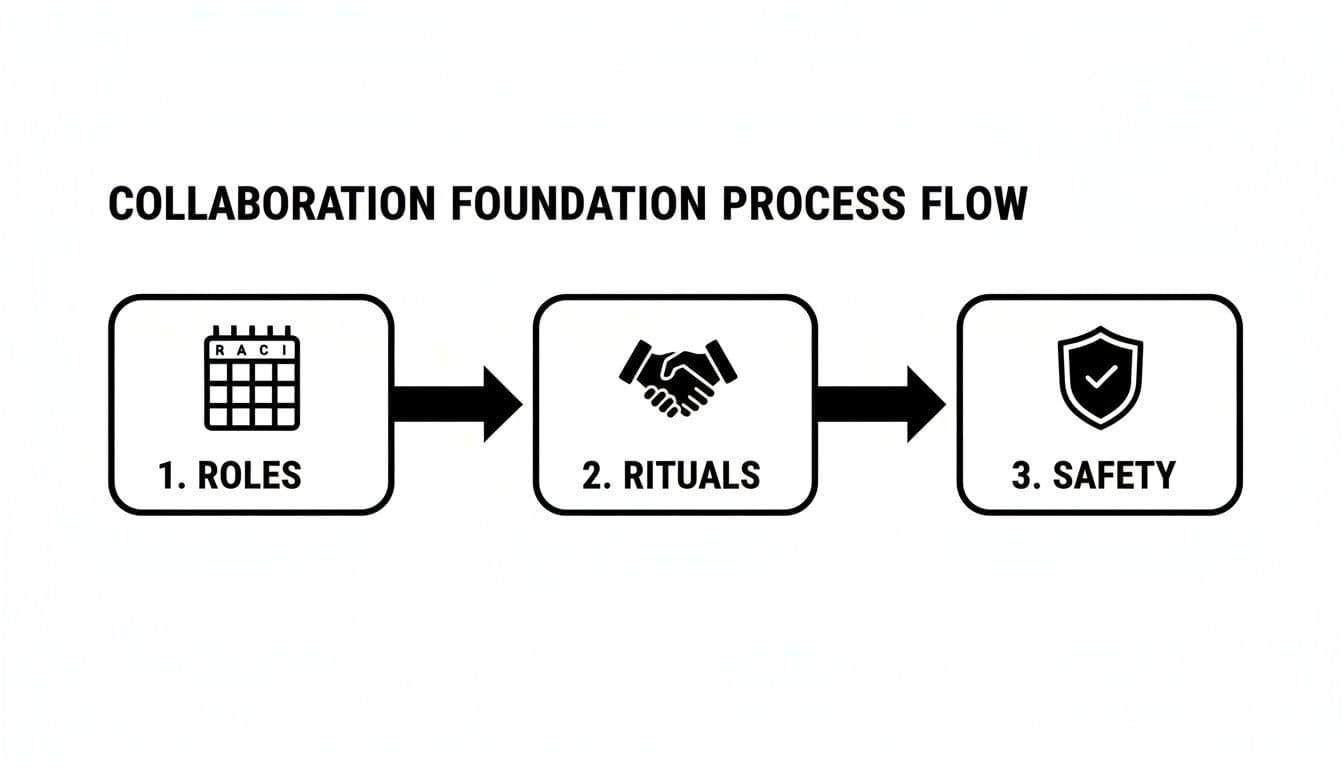 A collaboration foundation process flow illustrating three steps: 1. Roles, 2. Rituals, and 3. Safety.