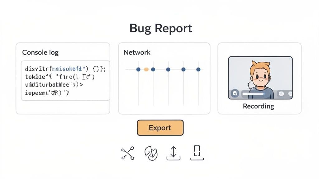 A digital interface presenting a bug report with console logs, network activity graph, and a screen recording.