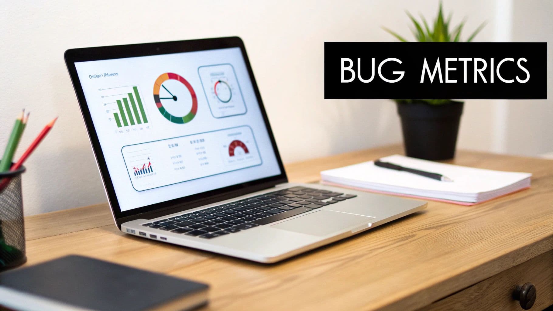 Laptop displaying a dashboard with bug metrics, charts, and graphs next to 'BUG METRICS' text.