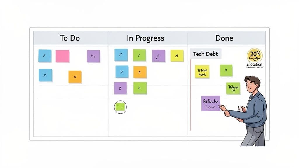 A man pointing at a Kanban board showing tasks in To Do, In Progress, and Done, with a tech debt section.