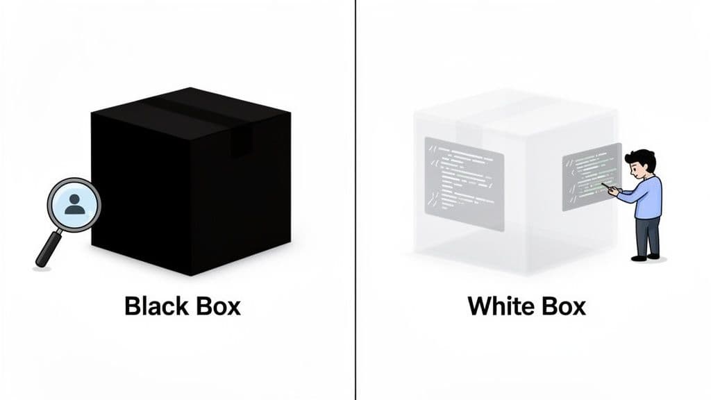 Illustration comparing black box testing where internals are unknown, and white box testing where code is visible and analyzed.
