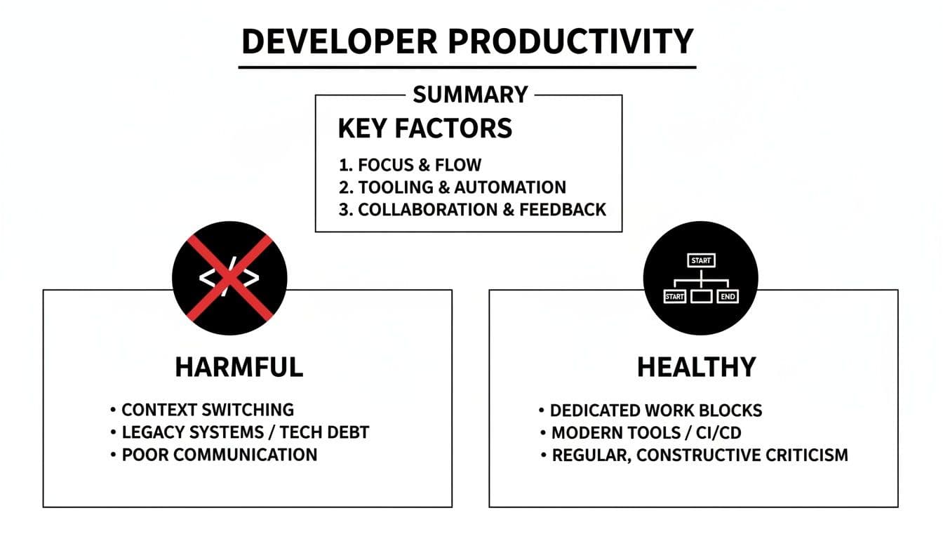 Infographic on developer productivity, highlighting key factors, harmful practices, and healthy practices.