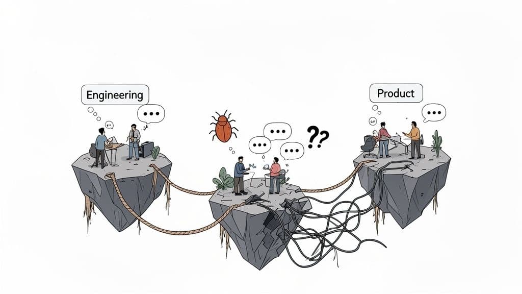 An illustration shows Engineering and Product teams on separate islands, facing collaboration and communication challenges.