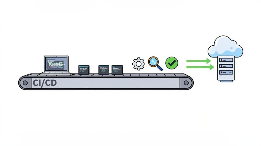 Illustration of a CI/CD pipeline showing code, build, test, and deployment to a cloud server.