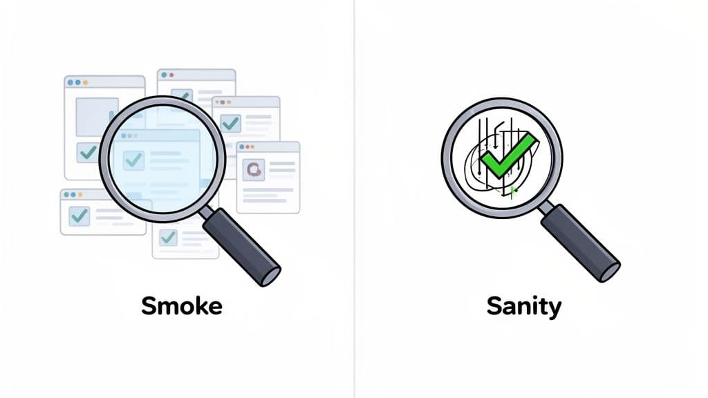 A cartoon illustrates 'Smoke' vs 'Sanity' testing, showing broad checks on multiple windows versus focused, in-depth validation.