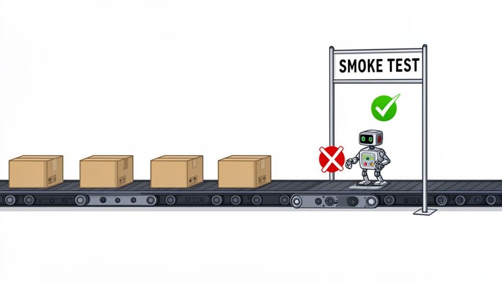 A robot performs a smoke test on a conveyor belt with cardboard boxes, indicating pass/fail.