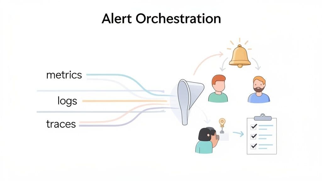 Diagram illustrating alert orchestration from metrics, logs, and traces to user notification and incident resolution.
