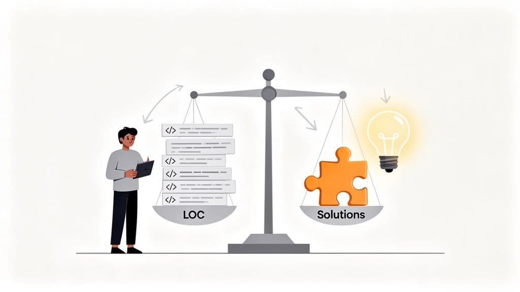 Illustration of a scale balancing lines of code (LOC) with innovative solutions and ideas.