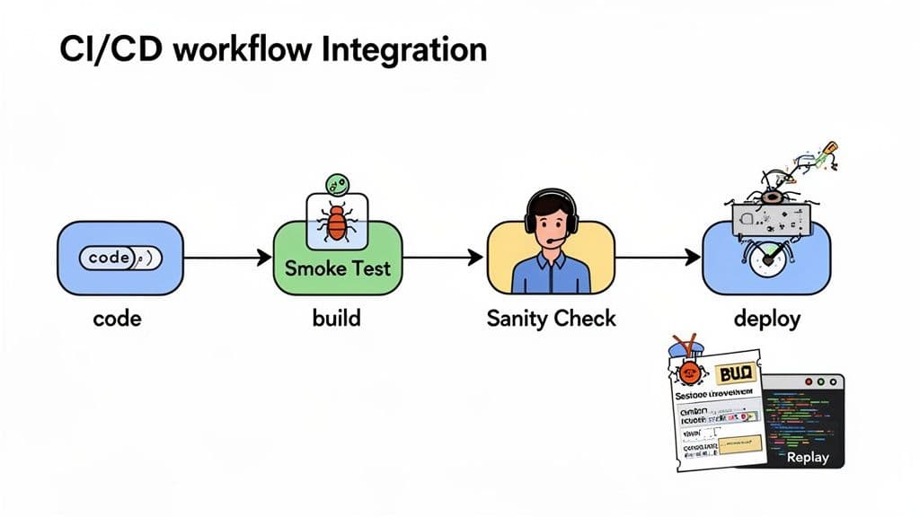 CI/CD workflow diagram showing code, build with smoke tests, sanity checks, deployment, and bug reports.