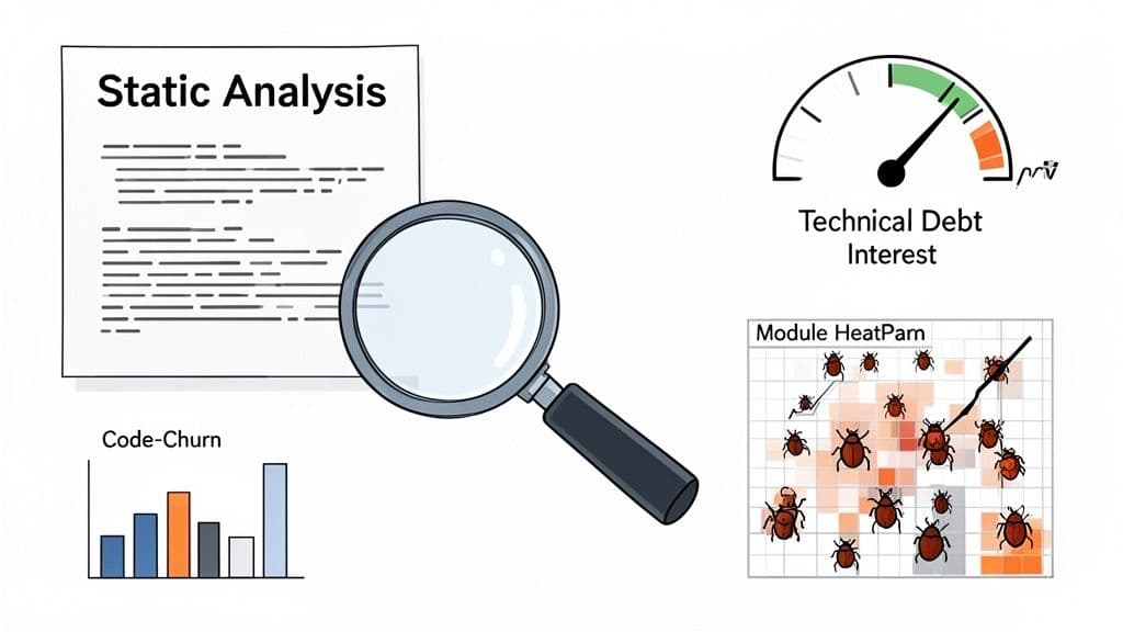Illustrating software quality analysis with static code review, technical debt, code churn, and module bug heatmap.