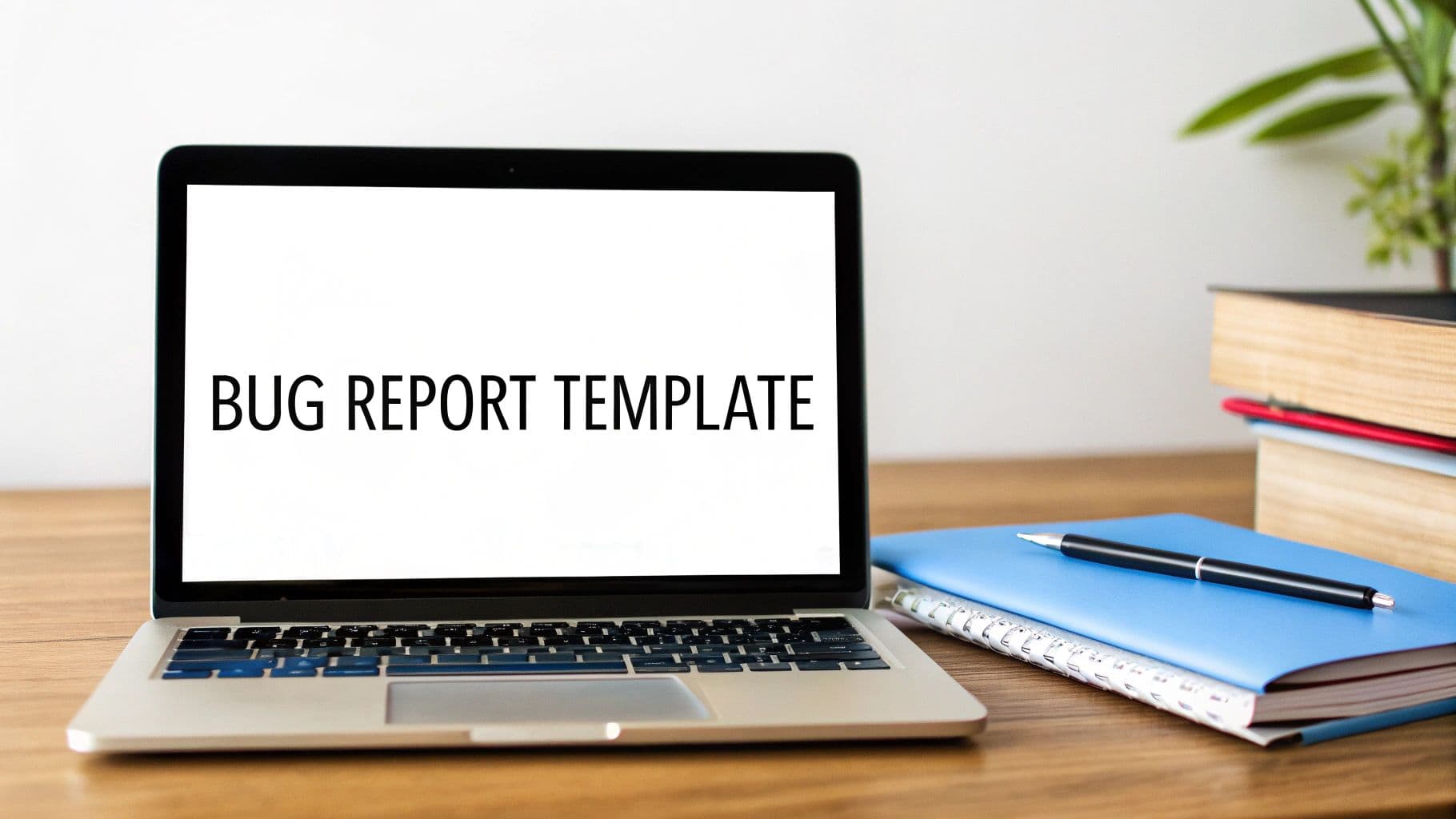 Laptop displaying 'BUG REPORT TEMPLATE' on screen, with office supplies on a wooden desk.