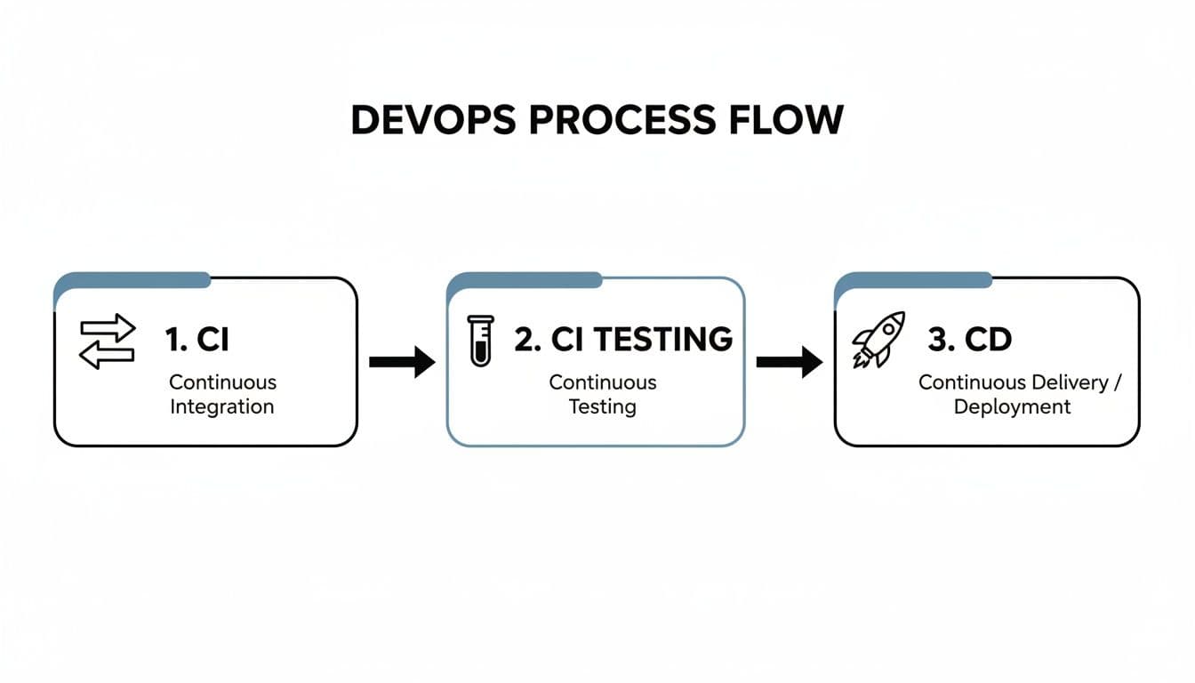 A DevOps process flow diagram illustrating Continuous Integration, Continuous Testing, and Continuous Delivery/Deployment stages.