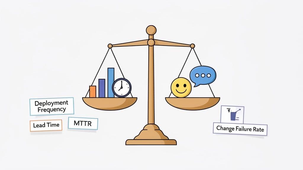 An illustration of a balance scale weighing DevOps metrics: deployment frequency, lead time, MTTR, against change failure rate and team sentiment.