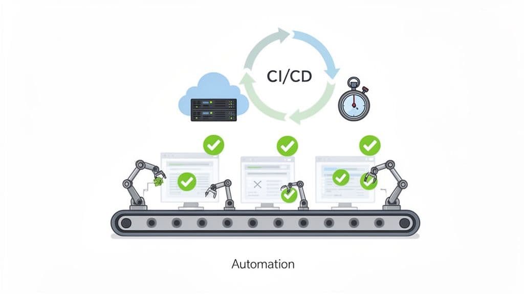 A visual representation of an automated CI/CD pipeline with robotic arms on a conveyor belt.