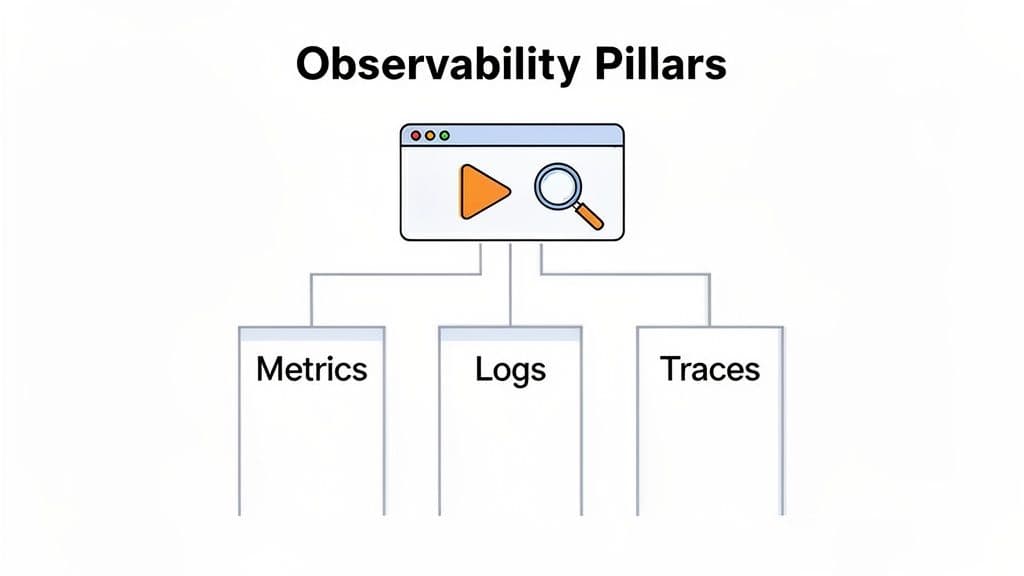 Diagram showing the three pillars of observability: Metrics, Logs, and Traces, originating from a browser icon.