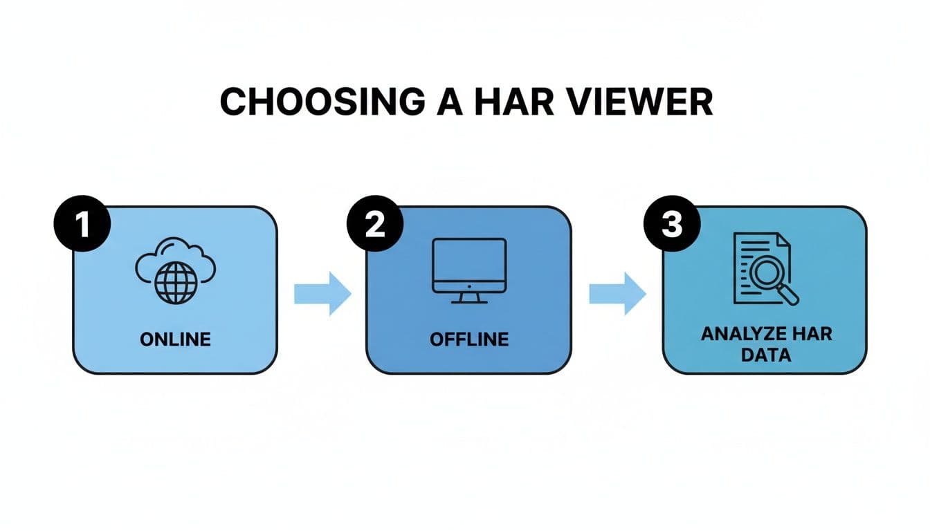 Flowchart depicting the process of choosing a HAR viewer, showing online and offline options for HAR data analysis.