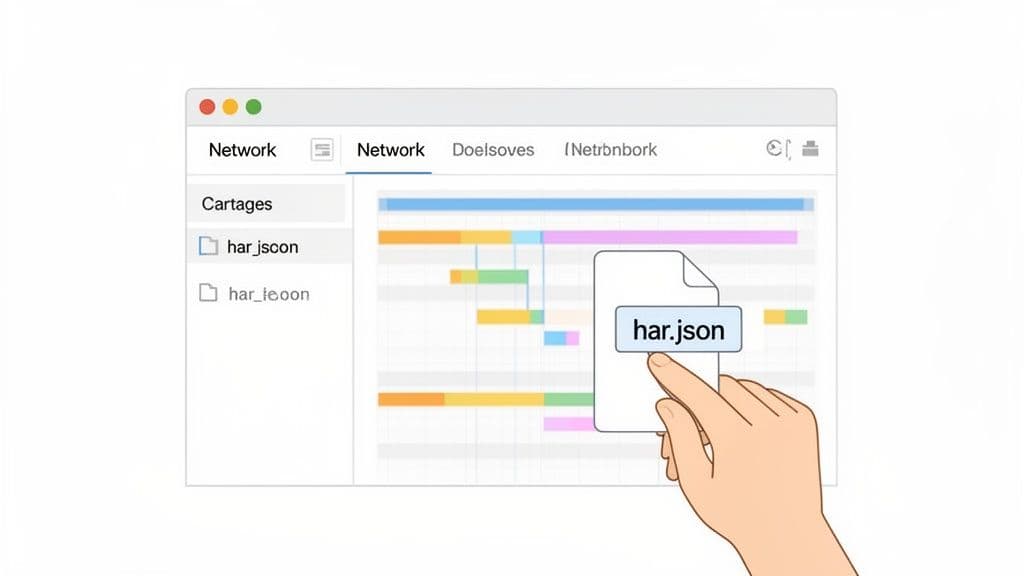 A hand points to a har.json file in a web browser's network developer tools panel.
